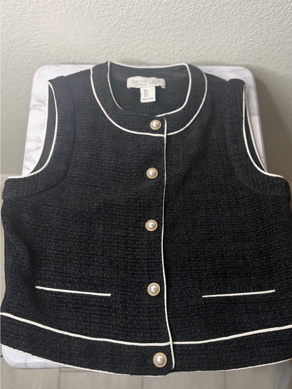 Rachel Zoe Black Tweed Sleeveless Vest with Ivory Piping